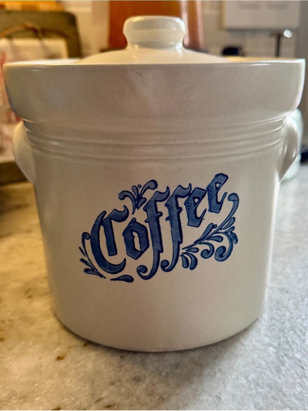 Pfaltzgraff White Ceramic Coffee Canister with Blue Script